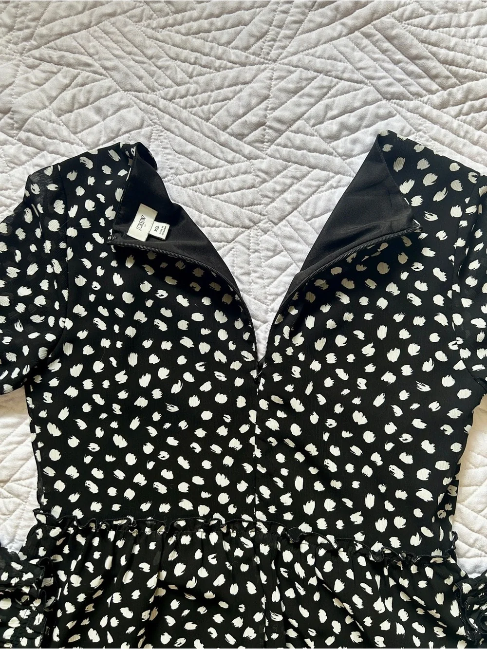 J. Crew Black & White Polka Dot Long Sleeve Midi Dress With Ruffle